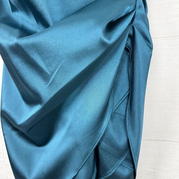 Xscape Strapless Mini Dress Size 4 Teal Satin Drape Wrap Cocktail Homecoming - Picture 8 of 16